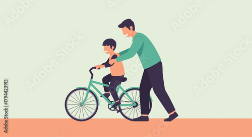 Heartwarming moment: Father teaching son to ride a bicycle, building confidence and creating lasting memories of family fun and outdoor adventures together