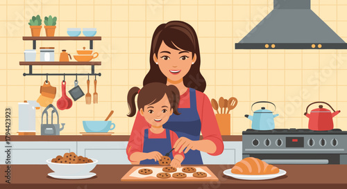 Cheerful mother and daughter bake delicious cookies together in a warm, inviting kitchen, creating cherished memories of family bonding and culinary fun