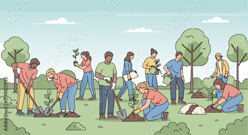 Diverse volunteers planting trees together for a sustainable future and community growth, fostering teamwork and environmental responsibility in a park setting