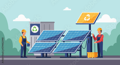 Solar panel installation team promoting clean energy solutions, showcasing renewable power for a sustainable future with ecological innovation and engineering