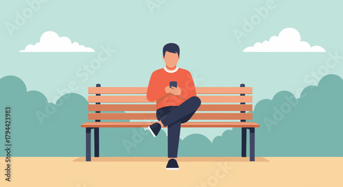 Relaxed man using mobile device on park bench, enjoying modern digital lifestyle in nature, connecting with friends, enjoying peace and quiet outdoors
