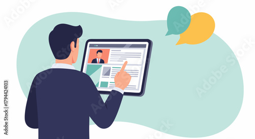 Man interacts with dynamic webpage content on modern tablet, professional business profile, communication bubbles, perfect for digital marketing campaigns