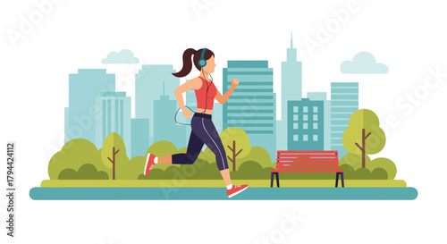 Active woman jogging through vibrant city park with headphones, enjoying fitness and healthy lifestyle amid urban landscape, originally designed as scalable vector