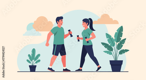 Fit couple exercising with dumbbells, health and fitness concept, achieving goals together, perfect for gym ads, workout apps, and wellness blogs