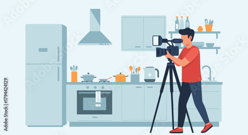 Capturing Culinary Creations A food videographer films delicious recipes in a modern kitchen setting, perfect for cooking shows and online food content creation