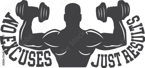 Bodybuilder flexing with dumbbells and motivational text isolated on transparent background