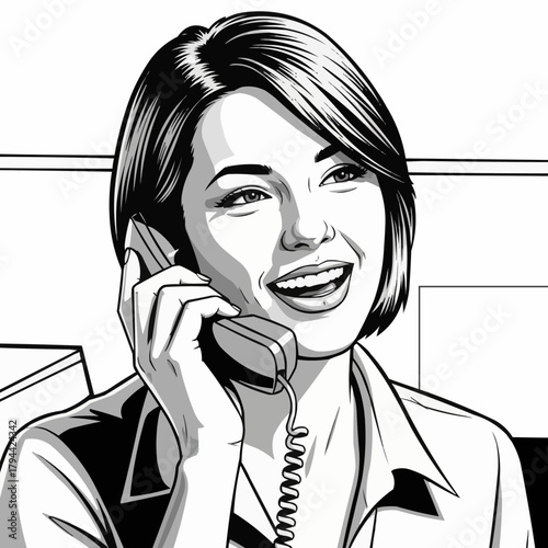 Smiling Woman Talking On Vintage Telephone In Office.