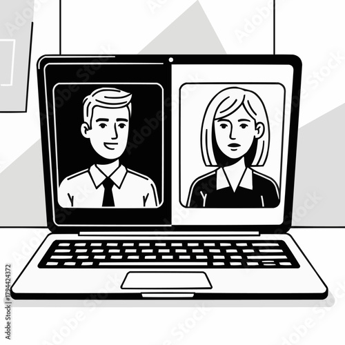 Laptop screen displaying a video call with two people.