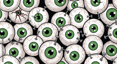 Horrifying seamless pattern featuring many cartoon eyeballs with green irises, some of which are bloodshot or pierced with nails.