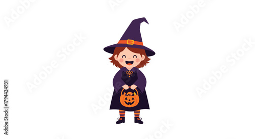 Smiling little girl dressed up in a charming witch costume with a pointed hat, holding a jack-o-lantern candy bucket for Halloween.