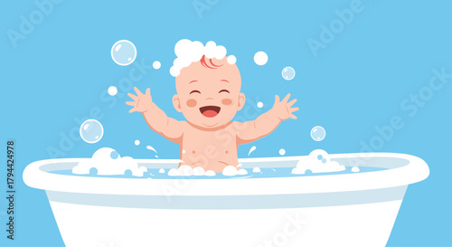 Joyful cartoon baby laughing with delight and open arms while enjoying a fun bubble bath in a white tub on a blue background.