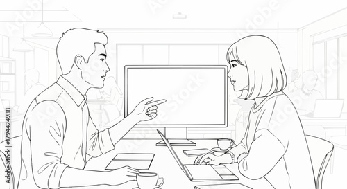 Two colleagues discussing work in an office setting.