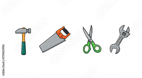 Vibrant cartoon set of four common household hand tools, including a hammer, a handsaw, green scissors, and an adjustable wrench.