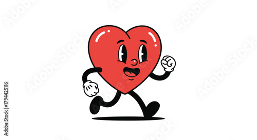 Cheerful retro-style cartoon heart character with gloved hands and boots, running happily in a classic 1930s rubber hose animation style.