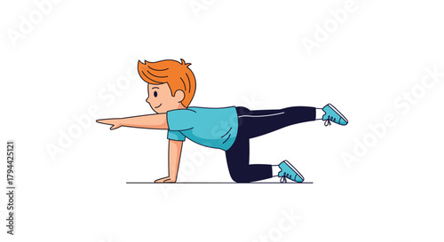 Focused young boy in sportswear practicing the bird-dog yoga pose to improve his core strength, balance, and overall posture.