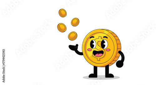 Amusing retro-style cartoon coin character in a vintage animation style, cheerfully tossing and juggling smaller golden coins.