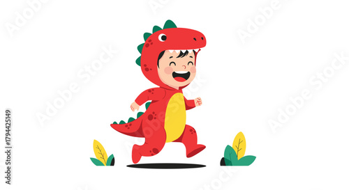 Excited child having a wonderful time running and playing outside while wearing a bright red and orange t-rex dinosaur costume.
