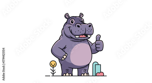 Friendly and cheerful cartoon hippopotamus standing up and giving a big, positive thumbs-up gesture with a welcoming smile.