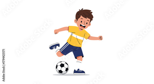 Energetic young boy in a yellow and blue soccer uniform, happily kicking a football during a game or practice session.