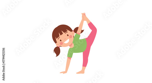 Flexible little girl with pigtails and a happy smile, performing a graceful standing bow yoga pose or a gymnastics stretch.