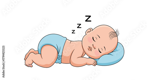 Darling cartoon baby boy in a blue diaper, sleeping peacefully on his tummy on a soft pillow with 'Zzz' text floating above him.