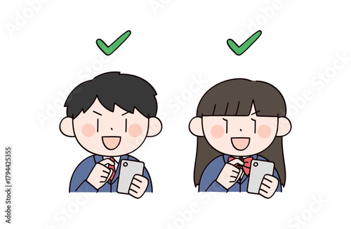 スマホを操作する学生男女2人のイラスト