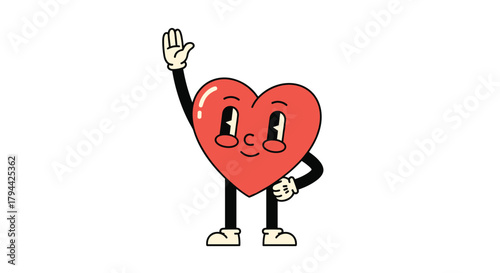 Friendly retro-style cartoon heart character with a cheerful smile, waving a gloved hand to say hello in a vintage 1930s style.