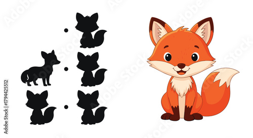 Educational puzzle game for children that challenges them to find the correct shadow matching a cute cartoon fox from five options.
