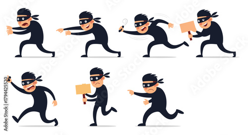 Action-packed set of a cartoon thief character in various poses, including running, throwing things, and holding signs in protest.