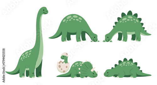 Charming collection of cute green dinosaurs, including a brachiosaurus, stegosaurus, and a baby triceratops hatching from an egg.