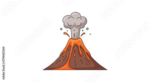 Dynamic cartoon illustration of a volcano erupting with hot lava, smoke, and ash, showing a powerful natural phenomenon.