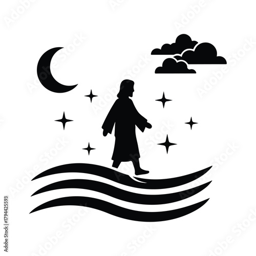 Silhouette of a figure walking on water under a crescent moon, stars, and clouds, creating a symbolic representation.
