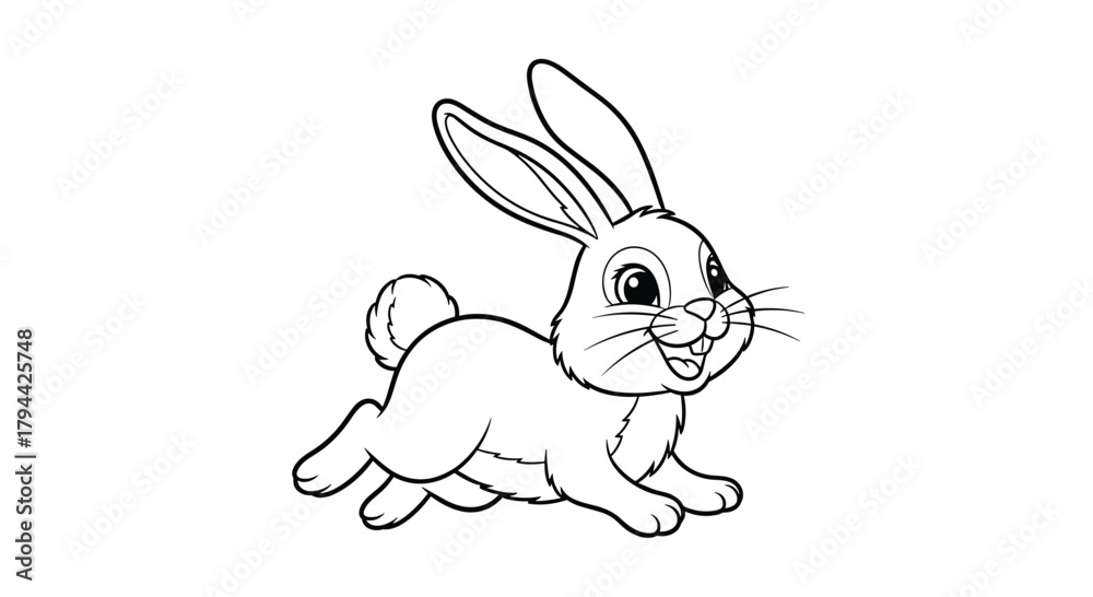 Obraz premium A cheerful and energetic black and white line art illustration of a rabbit hopping, perfect for a children's coloring page.
