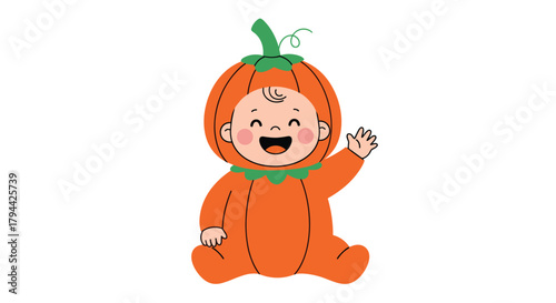 Adorable baby dressed in a cheerful orange pumpkin costume for Halloween or autumn festivities, sitting and waving hello happily.