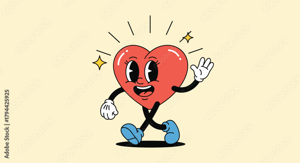 Fototapeta premium Friendly retro cartoon heart character with big eyes, white gloves, and blue shoes is walking and waving on a pale background.