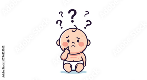 A cute and curious cartoon baby in a diaper, sitting with a finger to its chin, surrounded by question marks, looking confused.