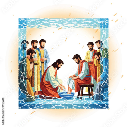Jesus washing the feet of one of his disciples, surrounded by other disciples in a water-like frame.