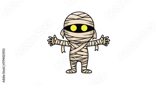Cute cartoon mummy character wrapped in bandages with glowing yellow eyes stands with open arms on a clean white background.
