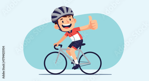 Cheerful young boy in a red jersey and safety helmet happily rides his bicycle while giving a confident thumbs-up gesture.
