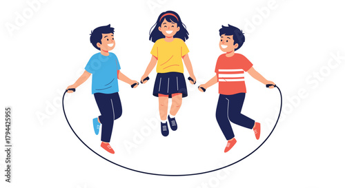 Three happy children, two boys and a girl, smile and laugh while playing together and jumping rope on a clean white background.