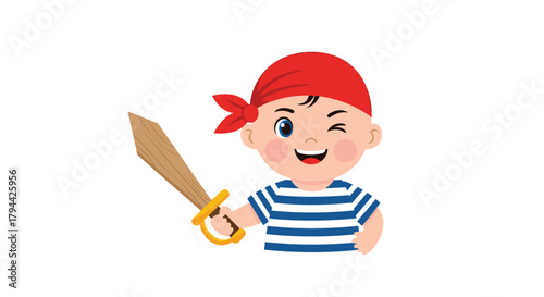 Adorable baby boy dressed in a cute pirate costume with a striped shirt and red bandana winks and holds a wooden toy sword.