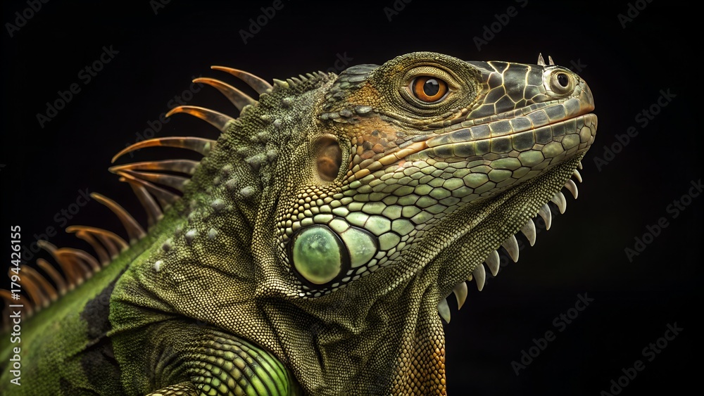 Fototapeta premium Close-Up Portrait of a Green Iguana on Black Background