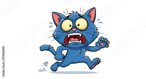 Terrified blue cartoon cat with wide eyes and claws out is running away in a panic, sweating and screaming with fear.