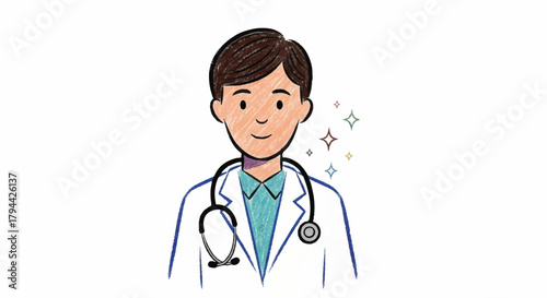 Illustration of a smiling male doctor in a white coat with a stethoscope around his neck, depicted against a white background with sparkles.