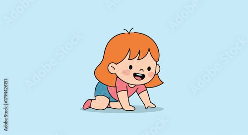 Happy little baby girl with orange hair and a pink shirt is smiling while learning to crawl on a light blue background.