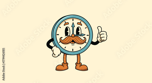 Vintage retro-style cartoon clock character with a mustache and white gloves smiles and gives a thumbs up on a beige background.