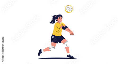 Young female athlete in a yellow jersey and knee pads concentrates as she bumps a volleyball during an intense game.