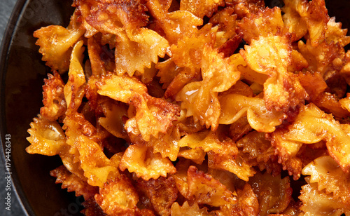 Crunchy fried pasta chips with dips.