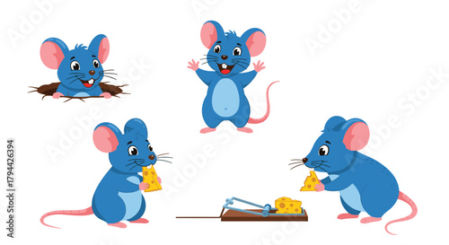 Collection of cute blue cartoon mouse characters in various situations, including eating cheese, and avoiding a mousetrap.