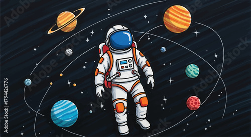 Cartoon astronaut floats in space surrounded by planets and stars, orbiting around them in a cosmic scene.